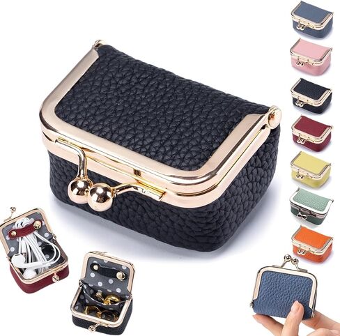 Genuine Leather Mini Jewelry Box, Portable Vintage-Inspired Genuine Leather Coin Purse Jewelry Case with Kiss Lock, Mini Travel Ring Box for Women for Earring/Ring/Necklace/Bracelet(Pink) in Kuwait