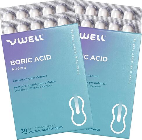 VWELL Boric Acid Vaginal Suppositories 30 Counts Blister Pack - Maintains and Balances Healthy Vaginal pH & Microbiome to Manage Odor Itch Burning Irritation Intimacy - Doctors Recommended for Women in Saudi Arabia