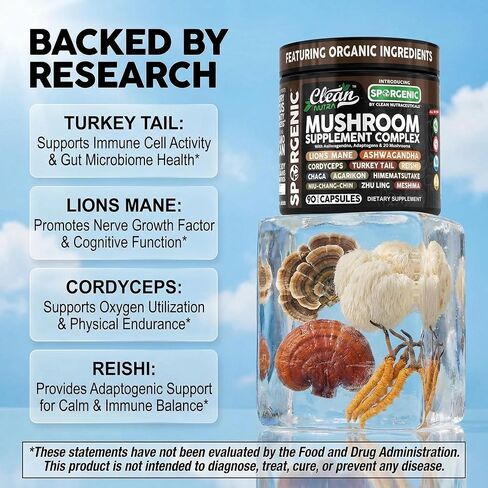 Organic Mushroom Supplement | Ashwagandha Lions Mane Cordyceps Turkey Tail Reishi Mushrooms Maca Root Black Hoof Chaga Tremella Agarikon Shiitake Oyster Powder Capsules Sporgenic by Clean Nutra (1) in Kuwait