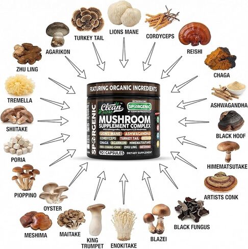 Organic Mushroom Supplement | Ashwagandha Lions Mane Cordyceps Turkey Tail Reishi Mushrooms Maca Root Black Hoof Chaga Tremella Agarikon Shiitake Oyster Powder Capsules Sporgenic by Clean Nutra (1) in Kuwait
