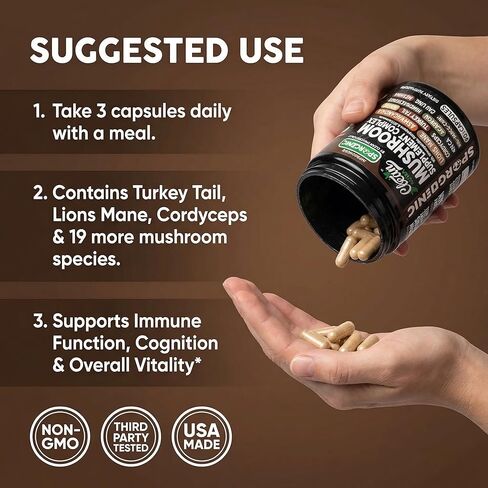 Organic Mushroom Supplement | Ashwagandha Lions Mane Cordyceps Turkey Tail Reishi Mushrooms Maca Root Black Hoof Chaga Tremella Agarikon Shiitake Oyster Powder Capsules Sporgenic by Clean Nutra (1) in Kuwait