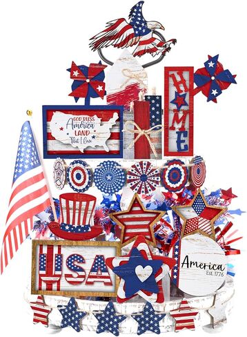25 Pcs 4th of July Tiered Tray Decor Set Patriotic Red White Blue Memorial Day Table Decorations Wooden Farmhouse Sign for Party, Tiered Tray Not Included in Saudi Arabia