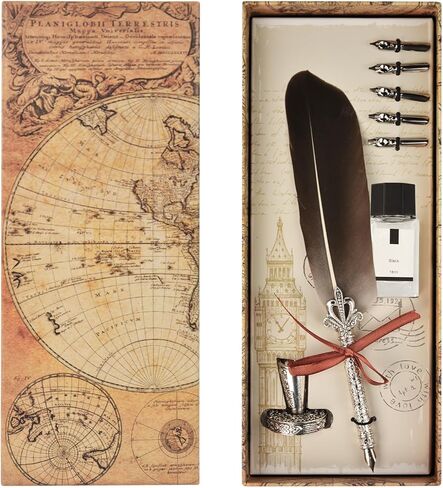 Retro Carving Feather Pen Set, Calligraphy Fountain Dip Quill Pen Set Antique Calligraphy Writing Dip Pen, Feather Pen Ink Set with 5 Replacement Nibs Pen Stand Base for Writing Christmas Gift (Grey) in Kuwait