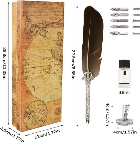 Retro Carving Feather Pen Set, Calligraphy Fountain Dip Quill Pen Set Antique Calligraphy Writing Dip Pen, Feather Pen Ink Set with 5 Replacement Nibs Pen Stand Base for Writing Christmas Gift (Grey) in Kuwait