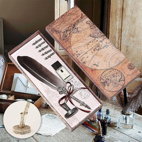 Retro Carving Feather Pen Set, Calligraphy Fountain Dip Quill Pen Set Antique Calligraphy Writing Dip Pen, Feather Pen Ink Set with 5 Replacement Nibs Pen Stand Base for Writing Christmas Gift (Grey) in Kuwait