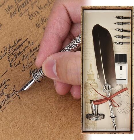Retro Carving Feather Pen Set, Calligraphy Fountain Dip Quill Pen Set Antique Calligraphy Writing Dip Pen, Feather Pen Ink Set with 5 Replacement Nibs Pen Stand Base for Writing Christmas Gift (Grey) in Kuwait