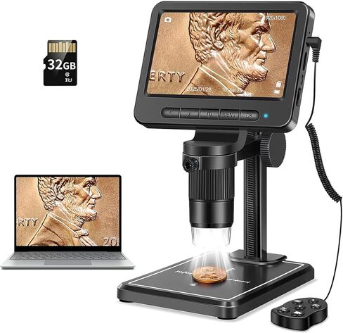 Leipan LPM7 4.3" Coin Microscope, IPS Digital Microscope for Adults, Coin Magnifier with 8 LED Lights, Windows Compatible, Include 32GB Memory Card in Kuwait