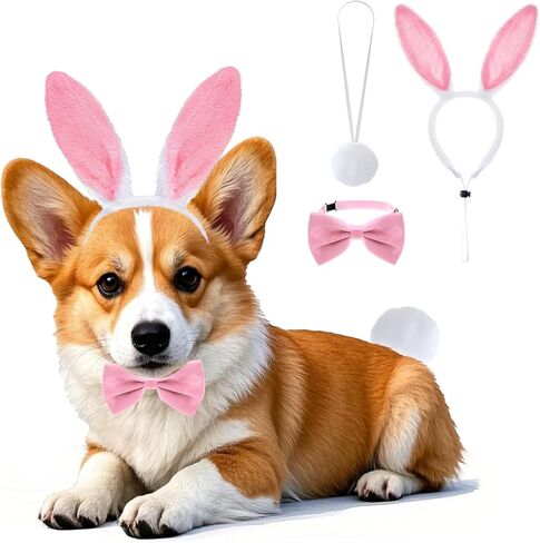 Easter Costumes for Dogs, Rbenxia 3PCS Dog Bunny Ears Dog Bowtie Dog Bunny Tail Easter Dog Outfit Clothes for Easter Party Accessory in Kuwait