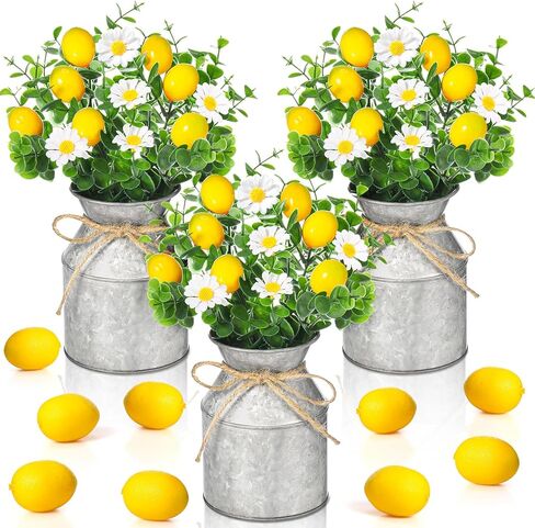 3 Sets Artificial Potted Lemon Decor Fake Fruit Lemon Flowers Table Centerpiece Faux Summer Kitchen Vases Tiered Tray Decor Farmhouse Plant for Indoor Outdoor Home Bathroom Dining in Kuwait