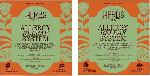 Herbs Etc. Allergy ReLeaf System - Seasonal Discomfort Supplement - Provides Seasonal Support for Sneezing & Itchy Eyes - Supports Sinus Function - 60 Softgels (60 Servings), 60 Tablets (60 Servings) in Kuwait