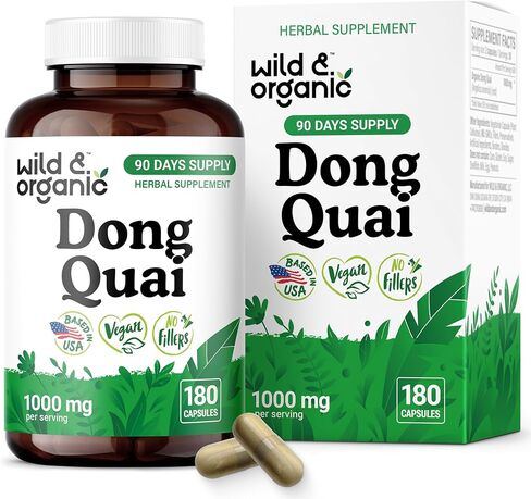 Wild & Organic Dong Quai Capsules for Women - 1000 mg per Serving - Dong Quai Root Supplement - 30-Day Supply - Traditional Angelica Sinensis - Non-GMO, Vegan - 60 Count in Kuwait