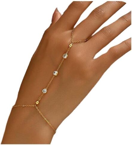 Hand Chain Bracelet for Women Dainty 18K Gold Plated Cubic Zirconia Rhinestone Chain Ring Bracelet Adjustable Trendy Jewelry in Kuwait