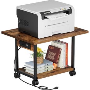 Printer Table, 2-Tier Under Desk Printer Stand with Charging Station, Printer Stand with Wheels, Printer Shelf for Small Spaces, Printer Cart for Home Office Rustic Brown in Kuwait