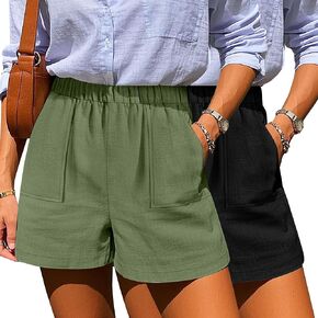 Neer 2 Pack Women's Linen Shorts Elastic Waist Casual Comfy Summer Pull on Beach Shorts with Patch Pocket in Saudi Arabia