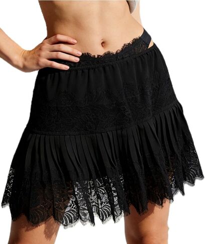 Womens Low Rise Lace Mini Skirt Y2k Pleated Ruffle Short Skirt Flowy Asymmetrical Underskirt Fairy Half Slip Skirts in Saudi Arabia
