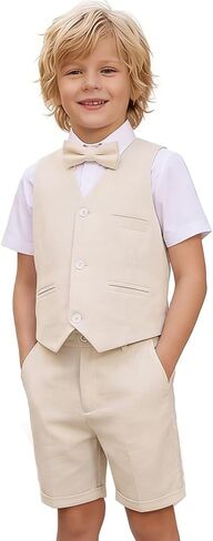 Boys Formal Linen Suit 4 Pieces Shirt,Vest, Pants and Tie Dresswear Suit Set in Kuwait