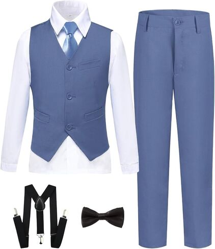 بدلة رسمية للأولاد مكونة من 7 قطع بدلة سهرة ضيقة للأطفال في سن المراهقة طقم سترة وسراويل لحفلات الزفاف مع حمالات ربطة عنق in Kuwait