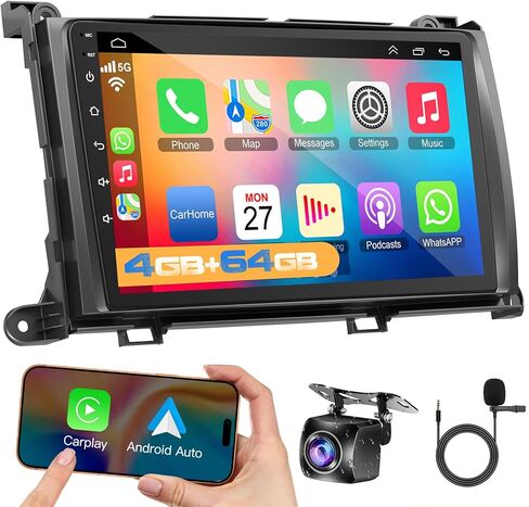 ستيريو راديو السيارة Android 12 لسيارة Toyota Sienna 2004-2010، Carplay اللاسلكي وAndroid Auto مع دعم 2G+32G بلوتوث/التحكم الصوتي/GPS/WiFi/كاميرا احتياطية/SWC/FM، شاشة لمس IPS 9 بوصة لسيينا in Kuwait
