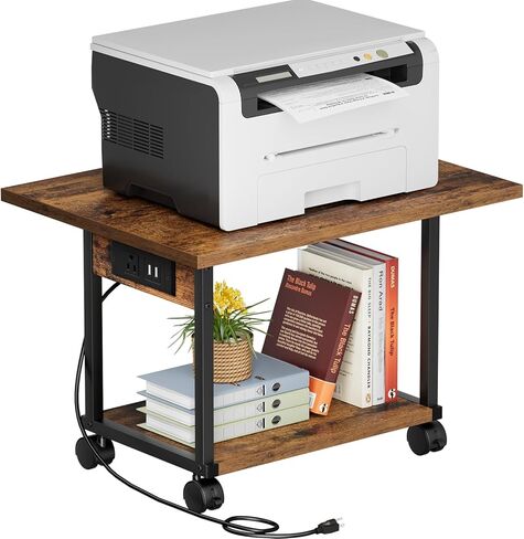 Printer Table, 2-Tier Under Desk Printer Stand with Charging Station, Printer Stand with Wheels, Printer Shelf for Small Spaces, Printer Cart for Home Office Rustic Brown in Kuwait