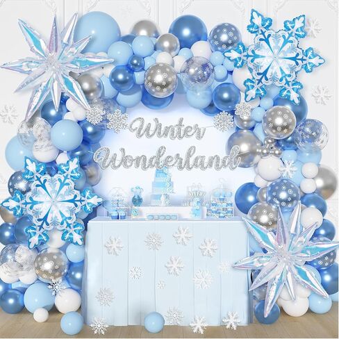 Amandir 162PCS Snow Birthday Party Supplies, Snow Balloon Garland Arch Kit Fringe Curtain Blue Purple Snowflake Confetti Balloons Princess Winter Wonderland Girl Baby Party Decorations in Saudi Arabia