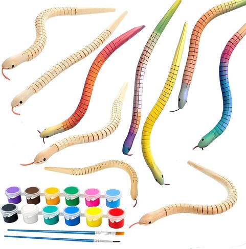 lamxxyoo Wooden Snake Toys for Kids Wood DIY Crafts for Child 10 Pcs Animals Crafts with 12 Colors Acrylic 2 Paint Brush for Arts Reptile Party Decoration in Kuwait