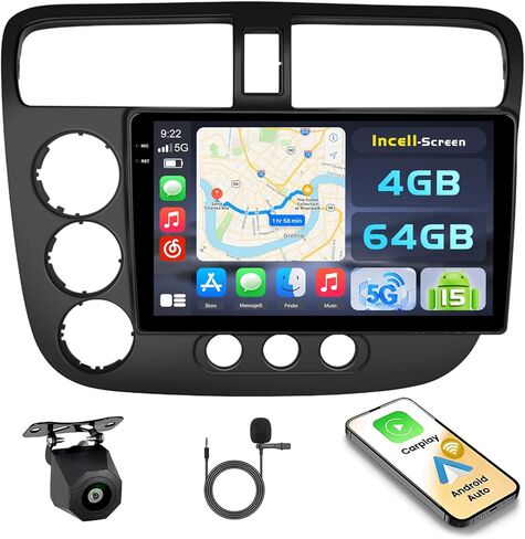 4G+64G Android 13 Car Stereo for 2001-2005 Honda Civic Radio, 9 Inch IPS Touch Screen Radio with Wireless Apple Carplay Android Auto, Bluetooth GPS WiFi 36EQ DSP FM RDS SWC+Mic, AHD Backup Cam in Kuwait