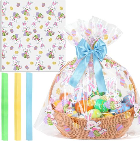 besharppin Easter Baskets Bags, 10pcs Large Cellophane Bags, 24''x 30'' Cellophane Wrap for Gift Baskets, Plastic Gift Wrapping Clear Gift Bag in Kuwait