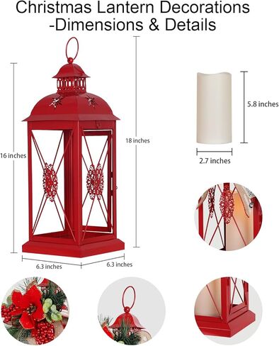 DECORKEY Christmas Decorations For Home, Decorative Christmas Lantern Indoor Outdoor Decor, Metal Hanging Candle Holder with Xmas Teardrop Wreath & LED Candle for Table Centerpieces, Patio, Porch(Red) in Kuwait