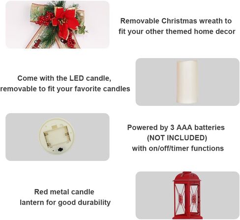 DECORKEY Christmas Decorations For Home, Decorative Christmas Lantern Indoor Outdoor Decor, Metal Hanging Candle Holder with Xmas Teardrop Wreath & LED Candle for Table Centerpieces, Patio, Porch(Red) in Kuwait