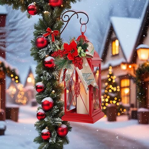 DECORKEY Christmas Decorations For Home, Decorative Christmas Lantern Indoor Outdoor Decor, Metal Hanging Candle Holder with Xmas Teardrop Wreath & LED Candle for Table Centerpieces, Patio, Porch(Red) in Kuwait