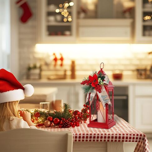 DECORKEY Christmas Decorations For Home, Decorative Christmas Lantern Indoor Outdoor Decor, Metal Hanging Candle Holder with Xmas Teardrop Wreath & LED Candle for Table Centerpieces, Patio, Porch(Red) in Kuwait