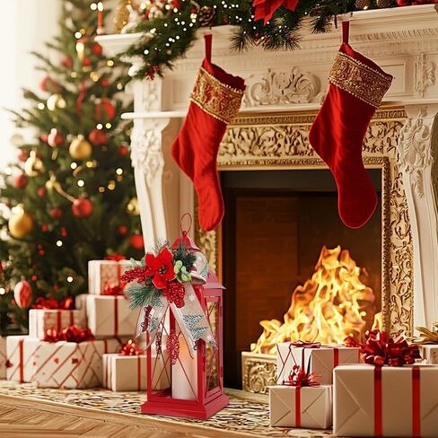 DECORKEY Christmas Decorations For Home, Decorative Christmas Lantern Indoor Outdoor Decor, Metal Hanging Candle Holder with Xmas Teardrop Wreath & LED Candle for Table Centerpieces, Patio, Porch(Red) in Kuwait