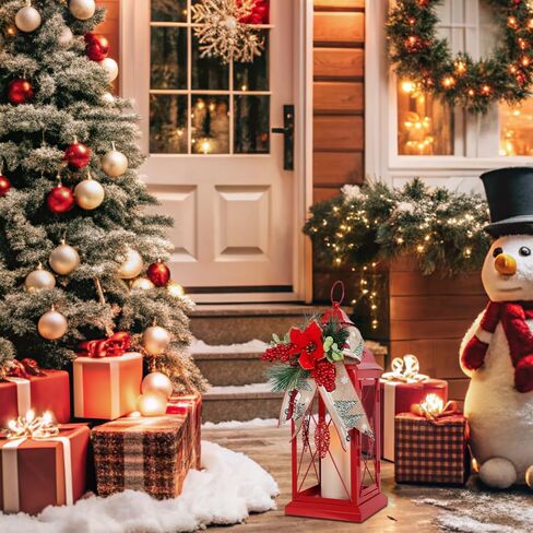 DECORKEY Christmas Decorations For Home, Decorative Christmas Lantern Indoor Outdoor Decor, Metal Hanging Candle Holder with Xmas Teardrop Wreath & LED Candle for Table Centerpieces, Patio, Porch(Red) in Kuwait