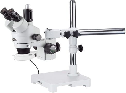 AmScope SM-3TZZ-54S Professional Trinocular Stereo Zoom Microscope, WH10x and WH20x Eyepieces, 3.5X-180X Magnification, 0.7X-4.5X Zoom Objective, 54-Bulb LED Light, Single-Arm Boom Stand, 110V-240V, Includes 0.5X and 2.0X Barlow Lenses in Kuwait