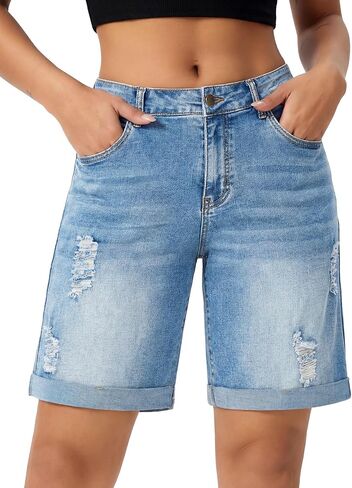 roswear Women’s Wide Leg Bermuda Shorts High Waisted Stretchy Distressed Baggy Denim Jean Shorts in Kuwait