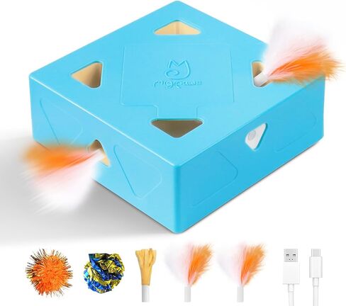 Migipaws Automatic Whack A Mole Plus Cat Toys 3 n1 Interactive Pounce Mystery Under PopSkin 12 Holes Cardboard Kitten Toys for Indoor Rechargable 8 Accessories(Yellow) in Kuwait