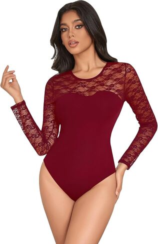 ohmydear Long Sleeve Lace Bodysuit Tops for Women Round Neck Sexy Leotard Tops Snap Crotch Bodysuits Clubwear S-2XL in Kuwait