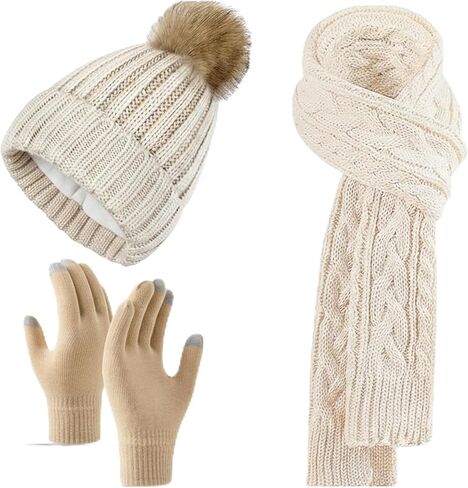Winter Beanie Hat Scarf Gloves Set for Women Knit Touchscreen Gloves with Warm Pom Pom Satin Lined Hat Long Knit Scarf 3 In 1 in Saudi Arabia