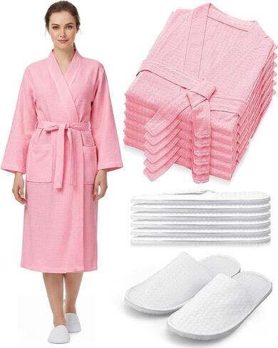 Jecery 24 Pcs Waffle Bath Robe and Slippers Set 12 Pcs Women's Spa Bathrobe with 12 Pairs Slippers Bulk Bridesmaid Robes Lightweight Soft Thin Spa Bathrobe for Wedding Party Hotel White in Kuwait