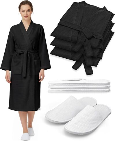 Jecery 24 Pcs Waffle Bath Robe and Slippers Set 12 Pcs Women's Spa Bathrobe with 12 Pairs Slippers Bulk Bridesmaid Robes Lightweight Soft Thin Spa Bathrobe for Wedding Party Hotel White in Kuwait