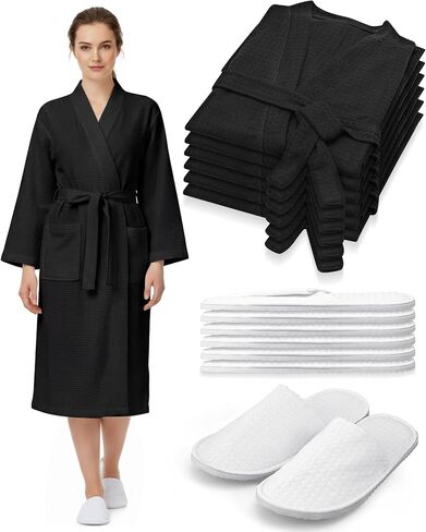 Jecery 24 Pcs Waffle Bath Robe and Slippers Set 12 Pcs Women's Spa Bathrobe with 12 Pairs Slippers Bulk Bridesmaid Robes Lightweight Soft Thin Spa Bathrobe for Wedding Party Hotel White in Kuwait