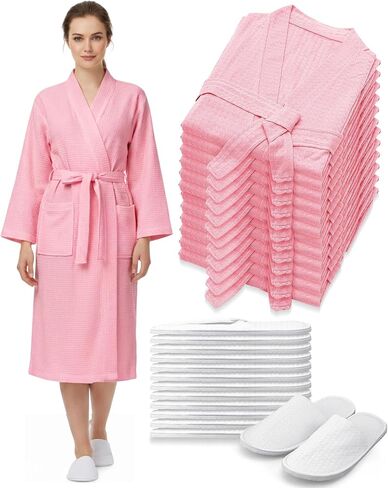 Jecery 24 Pcs Waffle Bath Robe and Slippers Set 12 Pcs Women's Spa Bathrobe with 12 Pairs Slippers Bulk Bridesmaid Robes Lightweight Soft Thin Spa Bathrobe for Wedding Party Hotel White in Kuwait