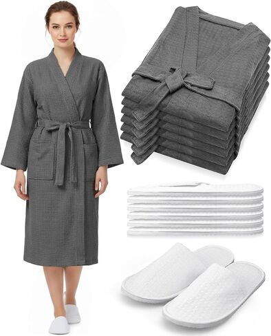 Jecery 24 Pcs Waffle Bath Robe and Slippers Set 12 Pcs Women's Spa Bathrobe with 12 Pairs Slippers Bulk Bridesmaid Robes Lightweight Soft Thin Spa Bathrobe for Wedding Party Hotel White in Kuwait