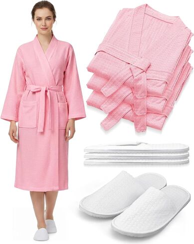 Jecery 24 Pcs Waffle Bath Robe and Slippers Set 12 Pcs Women's Spa Bathrobe with 12 Pairs Slippers Bulk Bridesmaid Robes Lightweight Soft Thin Spa Bathrobe for Wedding Party Hotel White in Kuwait