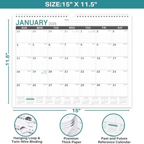 Wall Calendar 2025-2026 - Monthly Calendar from July 2025 to December 2026, Calendar 2025-2026 with Premium Paper, Spiral Bound, 14.5'' x 11.5‘’ in Kuwait