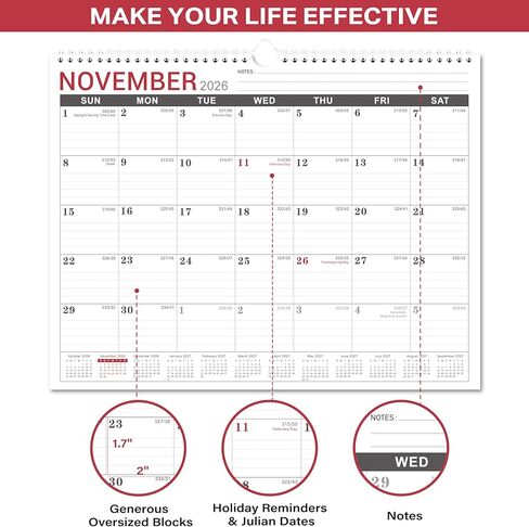 Wall Calendar 2025-2026 - Monthly Calendar from July 2025 to December 2026, Calendar 2025-2026 with Premium Paper, Spiral Bound, 14.5'' x 11.5‘’ in Kuwait