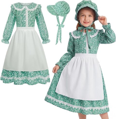Pioneer Costume for Girls Colonial Floral Prairie Dress for Pioneer Party Halloween Dress Up in Kuwait