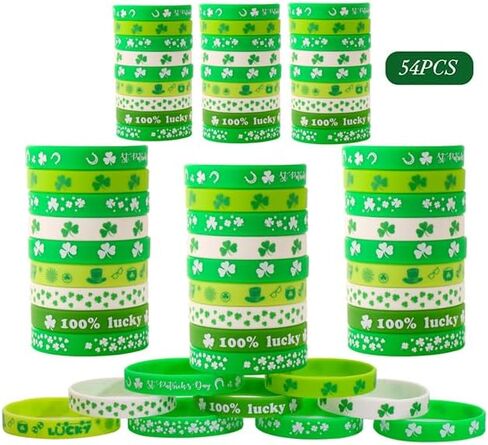 40pcs St. Patrick's Day Rubber Bracelets Silicone Wristbands Green Shamrock Irish Stretchy Silicone Bracelet for Women Men School Party Favors Supplies Decoration in Saudi Arabia