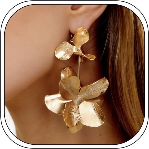 Gold Flower Earrings for Women Large Flower Drop Earrings Flower Statement Earrings Chunky Floral Earrings Exaggerated Flower Gold Earrings Jewelry Gifts for Girls in Kuwait