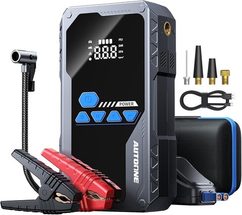 Autoone Car Jump Starter 5000a Buoster Booster ، حزمة بطارية محمولة لجميع الديزل 10L من الغاز 10L ، مربع قفز 12 فولت مع كابل الطائر الذكي لبطارية السيارة ، بداية ليثيوم ، شاشة LCD ، مع مصباح LED in Kuwait